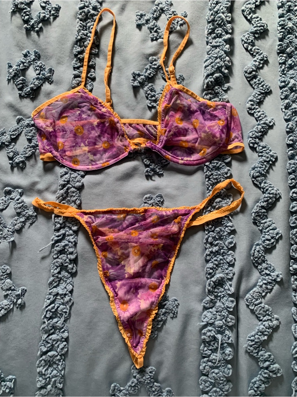 Victoria's Secret Rare Vintage Purple Floral Mesh Bra & Thong Set w/ Orange Trim